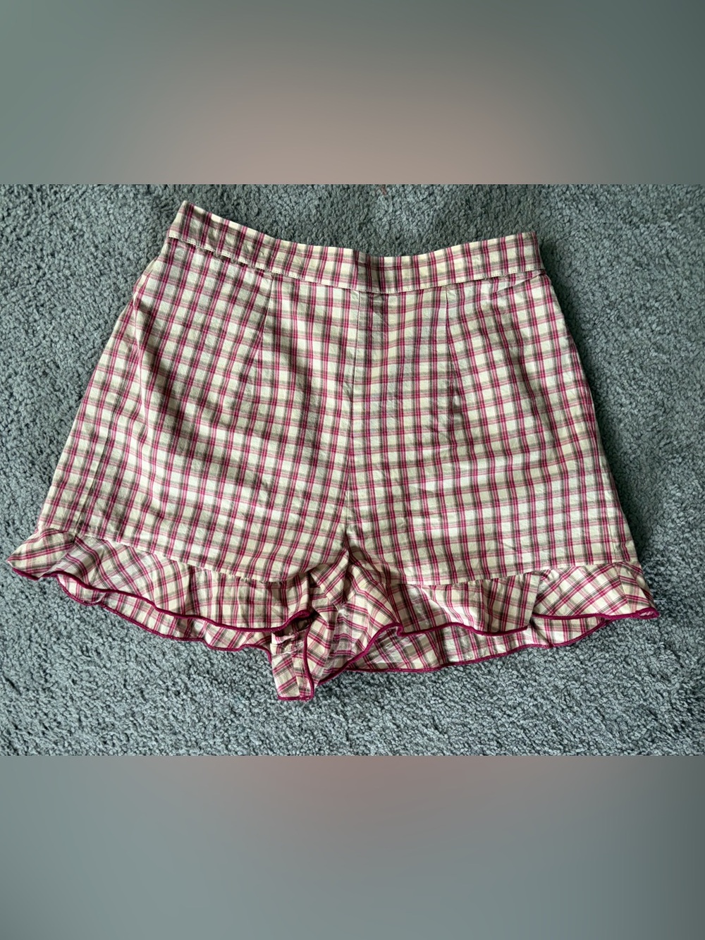 Sezane Pink Plaid Ruffle Hem Shorts